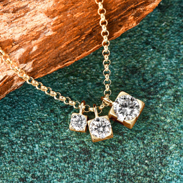 Moissanite Three-Stone Pendant Necklace with 3mm, 4mm, and 5mm Round Brilliant Cuts
