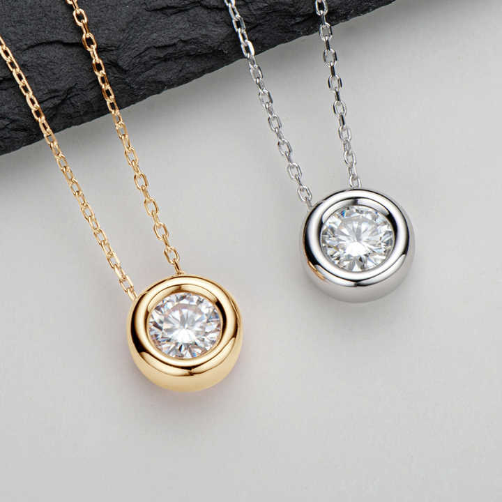 6.5mm Round Bezel Moissanite Bubble Pendant Necklace – Gold or White Gold Plated