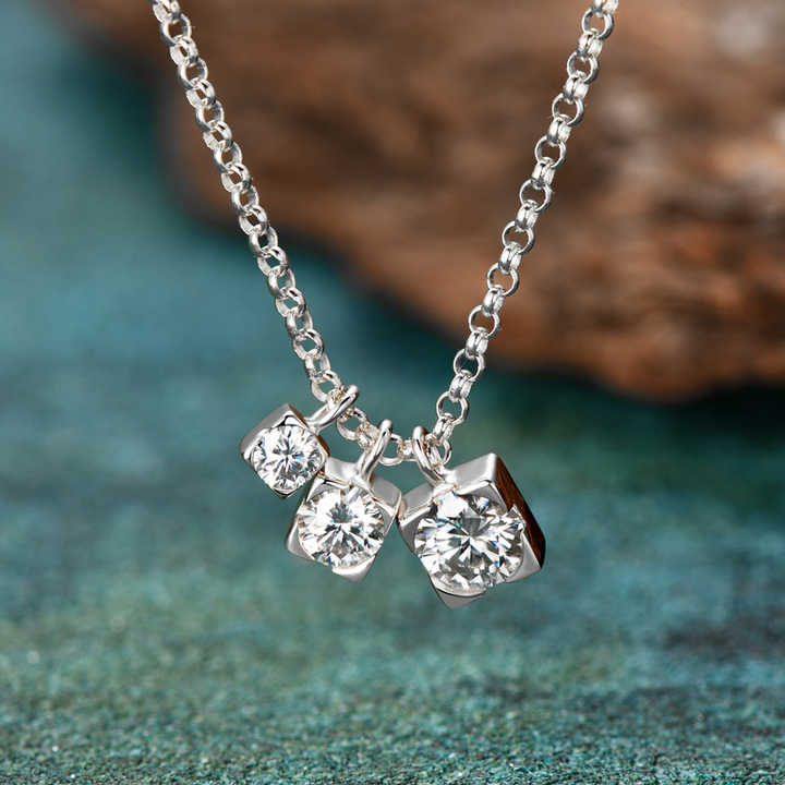 Moissanite Three-Stone Pendant Necklace with 3mm, 4mm, and 5mm Round Brilliant Cuts