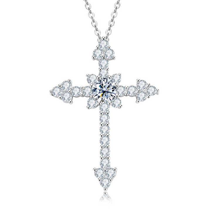 Moissanite Cross Pendant Necklace with 0.5 Carat Round Brilliant-Cut Stone