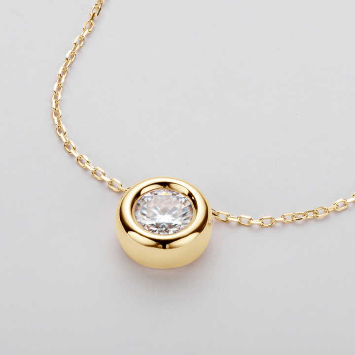 6.5mm Round Bezel Moissanite Bubble Pendant Necklace – Gold or White Gold Plated