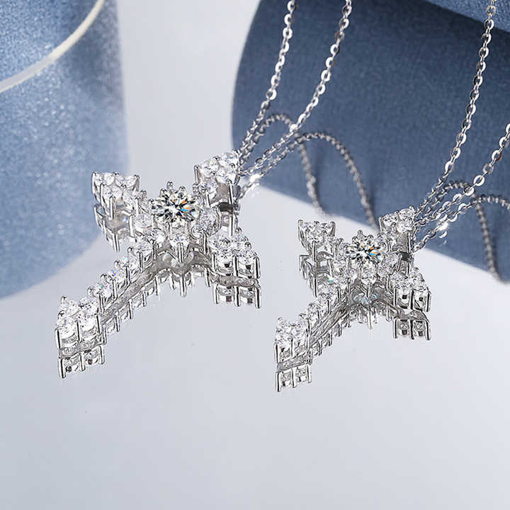 Moissanite Cross Pendant Necklace with 0.5ct 1.0ct 1 Carat White Gold Plated