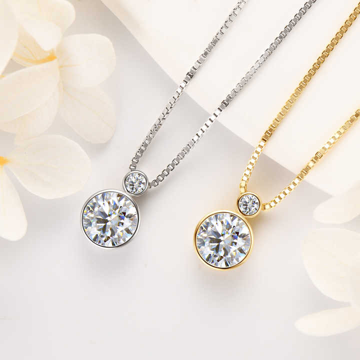 Double Bezel Moissanite Pendant Necklace – 2.0ct & 0.1ct Round Cut