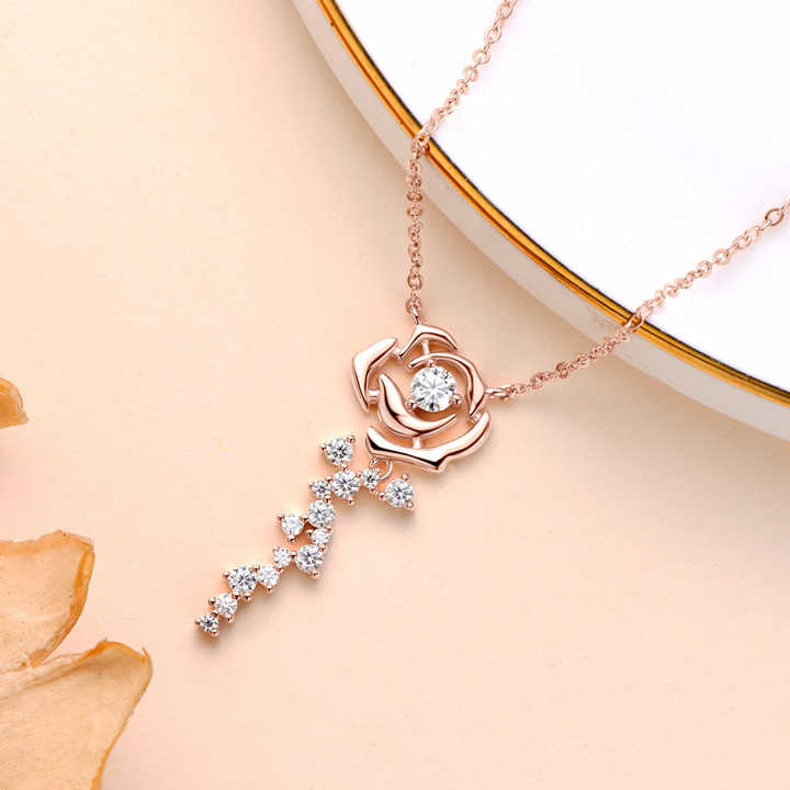Moissanite Rose Pendant Necklace with Round Brilliant Cut, 3.5mm, 0.20 Carat