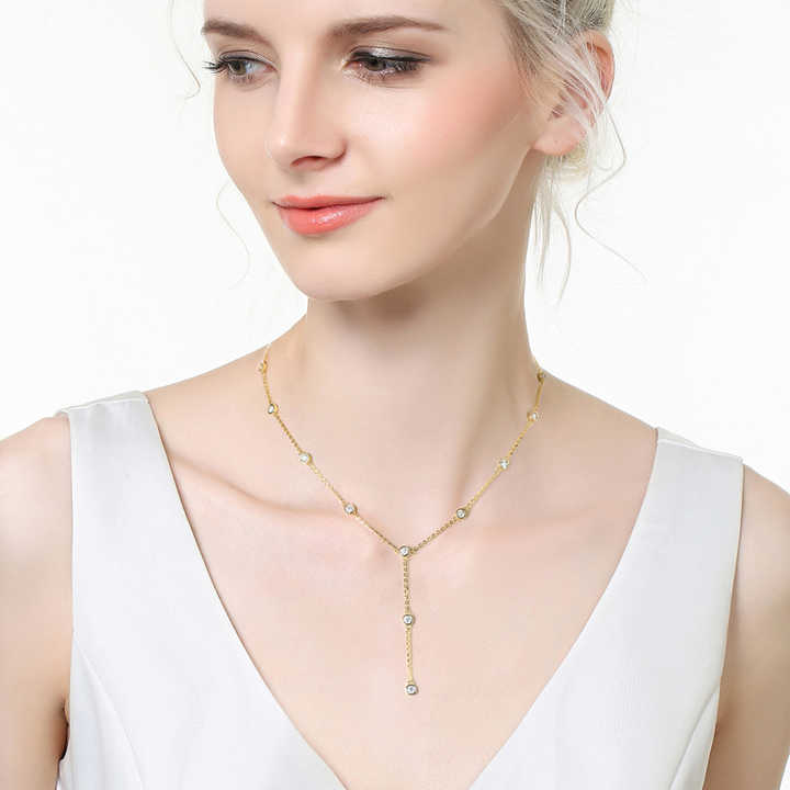 Round Moissanite Diamond Y-Shape Necklace – 11 Stones, 0.1ct Each
