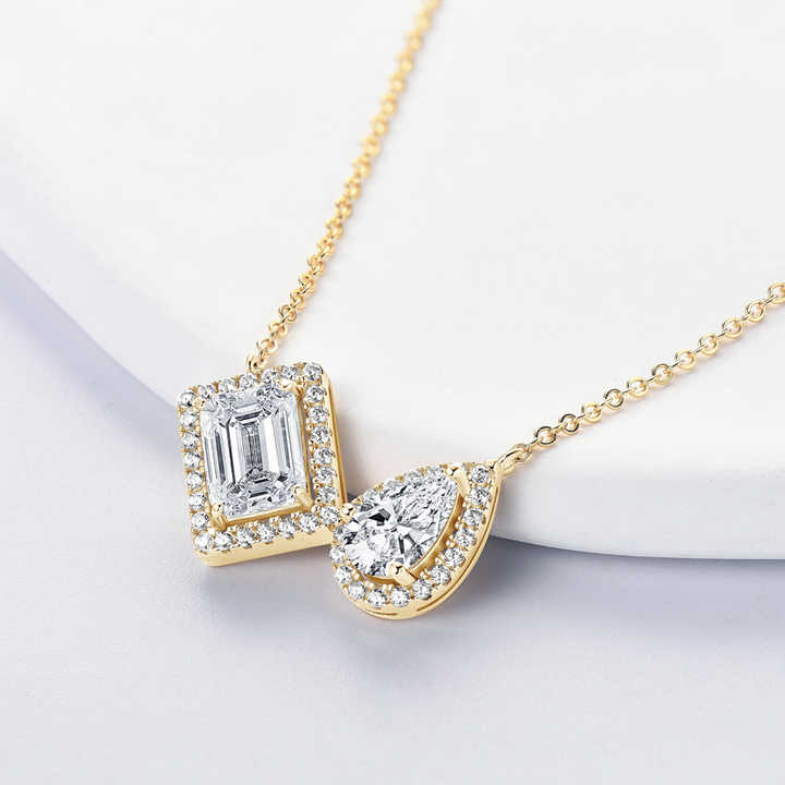 Moissanite Pendant Necklace with 2.0 Carat Emerald and Pear-Cut Stones