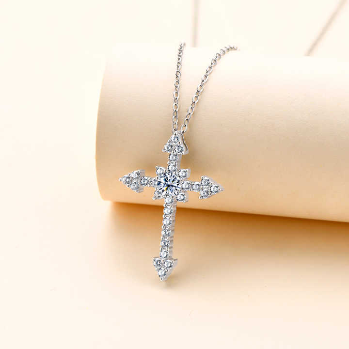 Moissanite Cross Pendant Necklace with 0.5 Carat Round Brilliant-Cut Stone