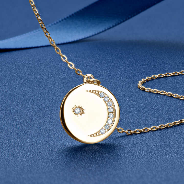 Moissanite Star and Moon Pendant Necklace with 1.3mm and 1.5mm Round Brilliant Cuts