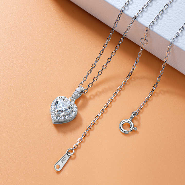 Moissanite Heart Pendant Necklace with 1.0 Carat D Color Halo Design