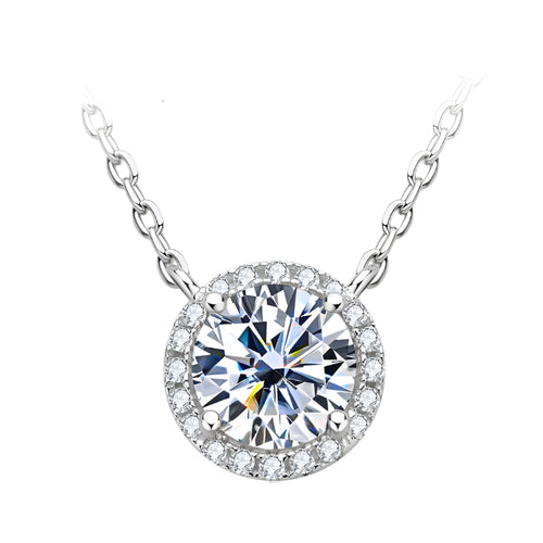 Moissanite Halo Pendant Necklace with 1.0 Carat D Color Round Brilliant-Cut Stone