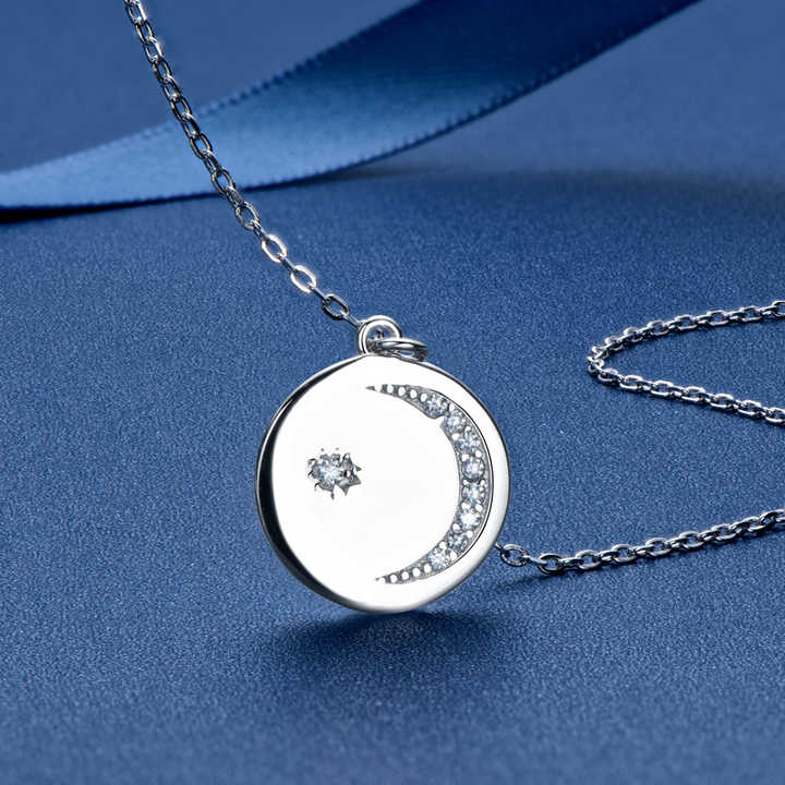 Moissanite Star and Moon Pendant Necklace with 1.3mm and 1.5mm Round Brilliant Cuts