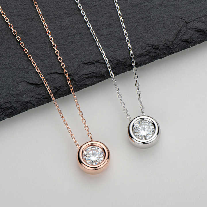 6.5mm Round Bezel Moissanite Bubble Pendant Necklace – Gold or White Gold Plated
