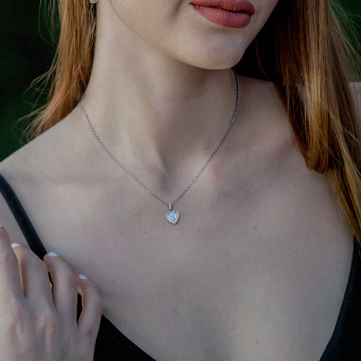 Moissanite Heart Pendant Necklace with 1.0 Carat D Color Halo Design