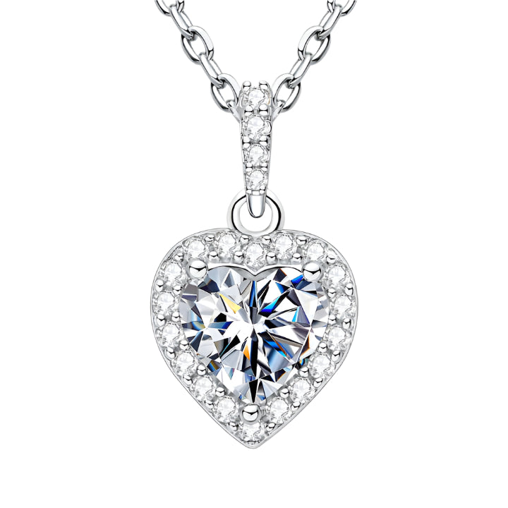 Moissanite Heart Pendant Necklace with 1.0 Carat D Color Halo Design