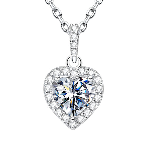 Moissanite Heart Pendant Necklace with 1.0 Carat D Color Halo Design