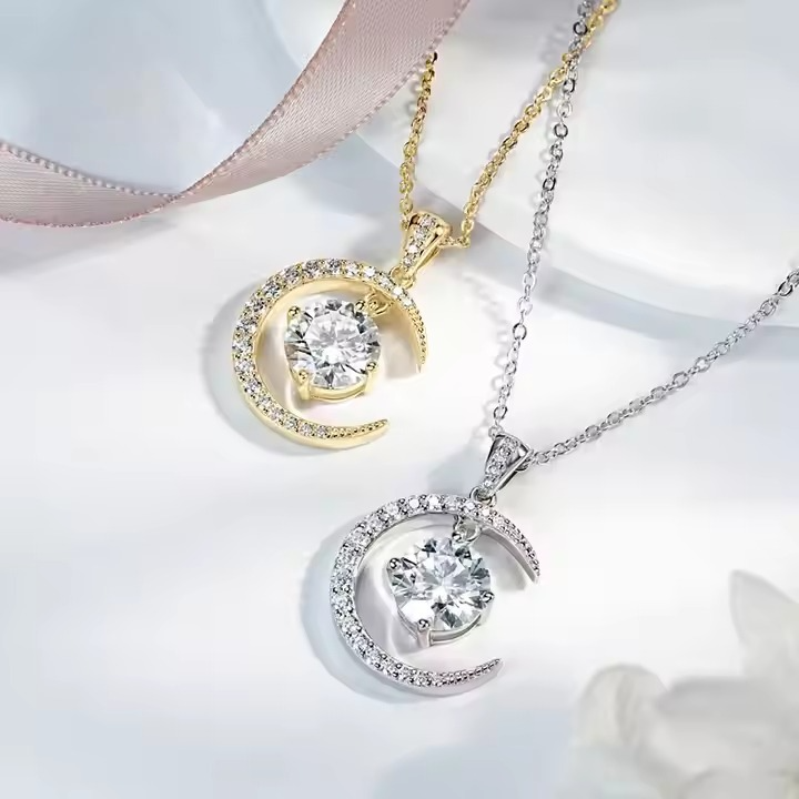 Exquisite 2ct Moissanite Moon and Star Pendant Necklace