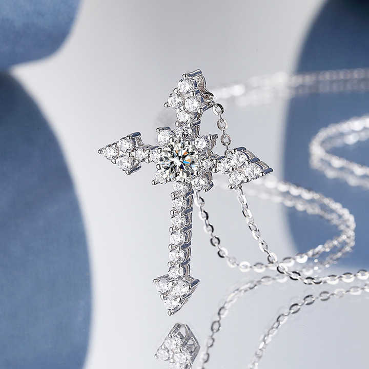 Moissanite Cross Pendant Necklace with 0.5 Carat Round Brilliant-Cut Stone