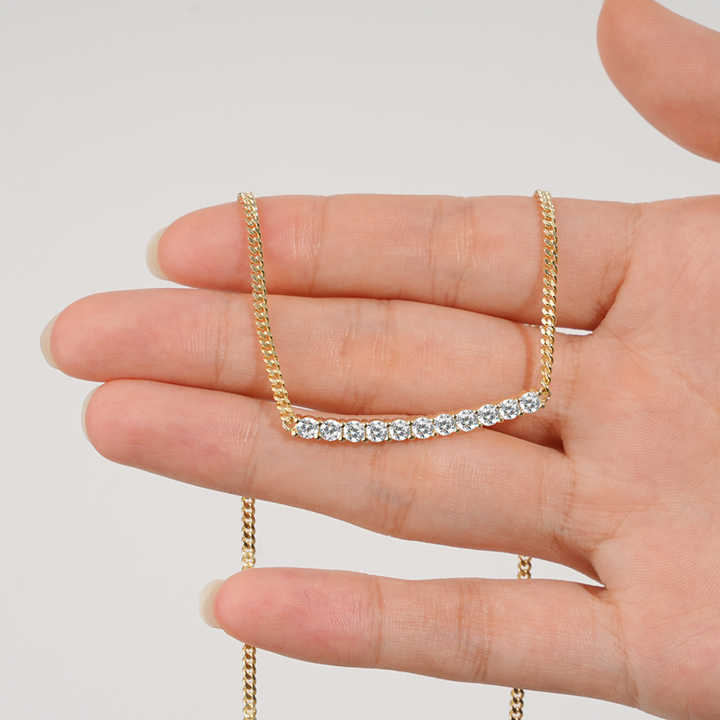 18K Gold Plated Moissanite Curved Bar Necklace – 11 Stones, 0.1ct Each