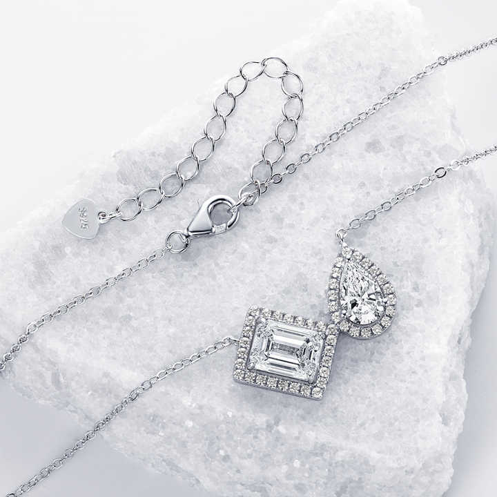 Moissanite Pendant Necklace with 2.0 Carat Emerald and Pear-Cut Stones