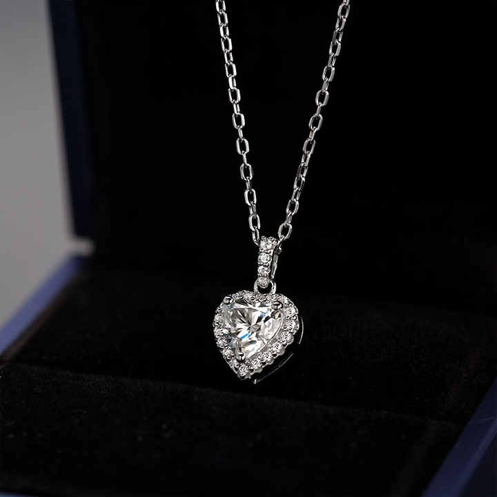 Moissanite Heart Pendant Necklace with 1.0 Carat D Color Halo Design