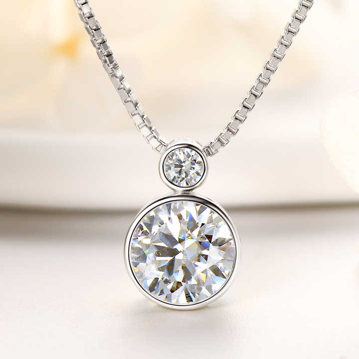 Double Bezel Moissanite Pendant Necklace – 2.0ct & 0.1ct Round Cut