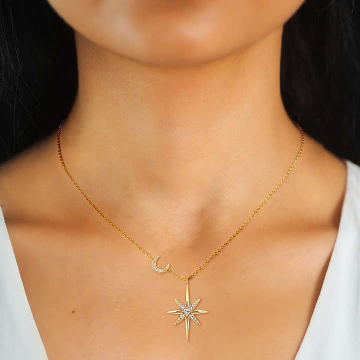 Moissanite Star & Moon Pendant Necklace with 1mm D Color Round Brilliant-Cut Stones
