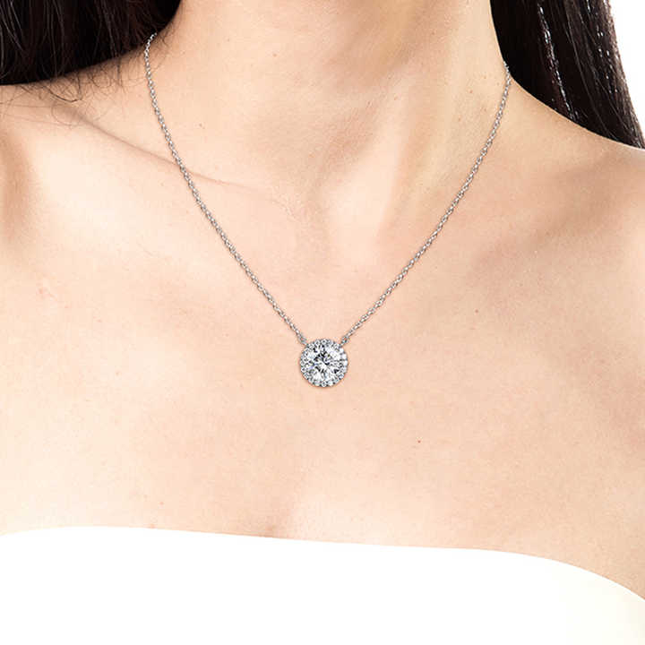 Moissanite Halo Pendant Necklace with 1.0 Carat D Color Round Brilliant-Cut Stone