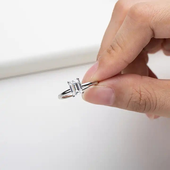 GRA Certified Emerald Cut Moissanite Ring - 1.0ct Solitaire Engagement