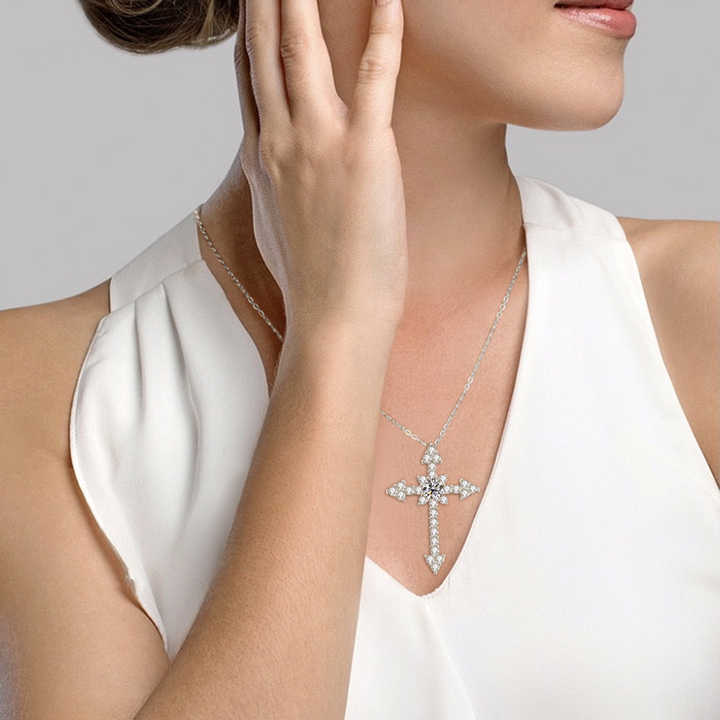 Moissanite Cross Pendant Necklace with 0.5ct 1.0ct 1 Carat White Gold Plated