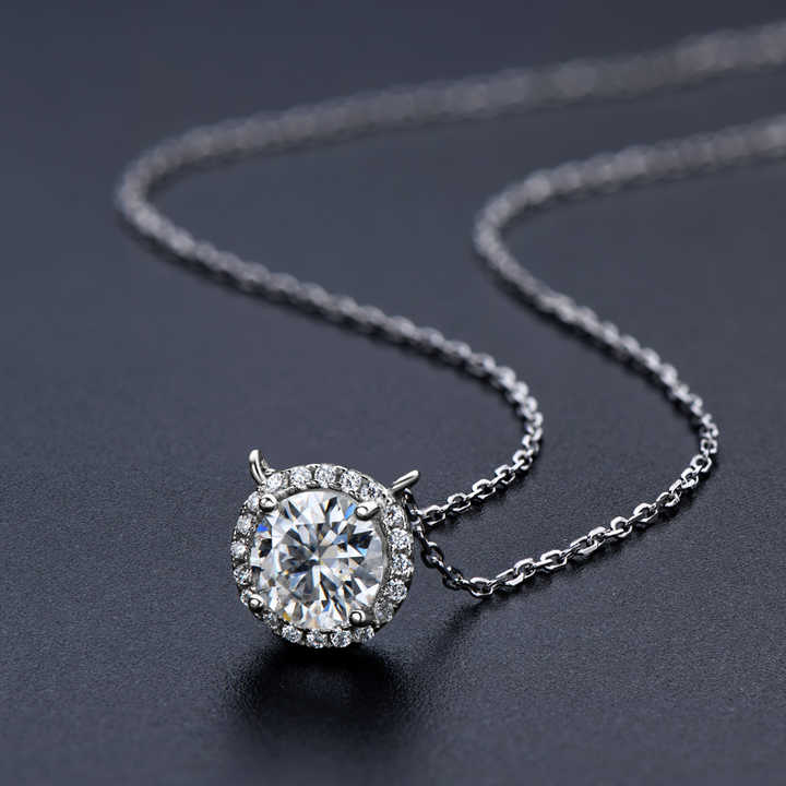 Moissanite Halo Pendant Necklace with 1.0 Carat D Color Round Brilliant-Cut Stone
