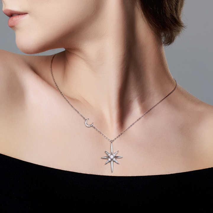 Moissanite Star & Moon Pendant Necklace with 1mm D Color Round Brilliant-Cut Stones