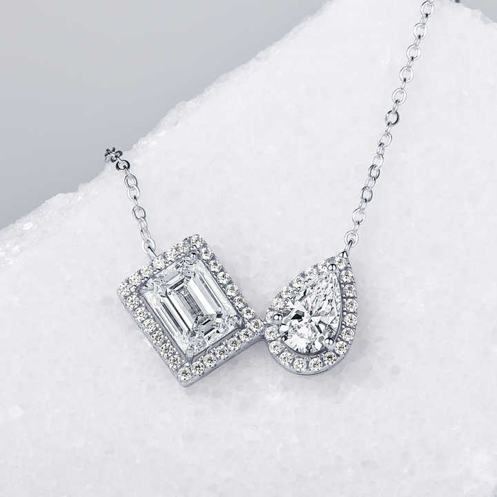 Moissanite Pendant Necklace with 2.0 Carat Emerald and Pear-Cut Stones