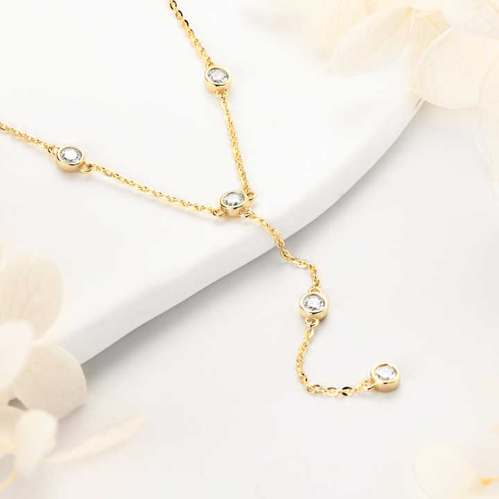 Round Moissanite Diamond Y-Shape Necklace – 11 Stones, 0.1ct Each