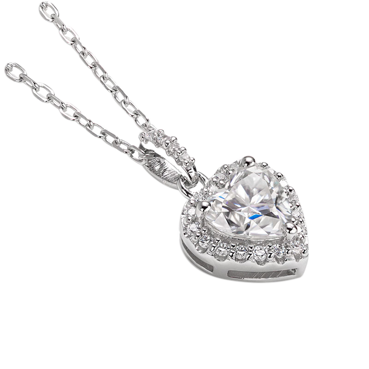 Moissanite Heart Pendant Necklace with 1.0 Carat D Color Halo Design