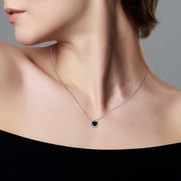 Moissanite Halo Pendant Necklace with 1.0 Carat Round Black