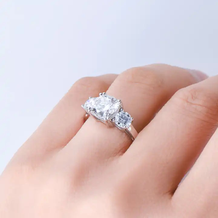 3.5ct Cushion Cut Moissanite Three-Stone Engagement Ring - GRA Certified