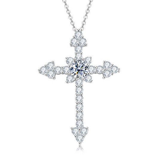 Moissanite Cross Pendant Necklace with 0.5ct 1.0ct 1 Carat White Gold Plated