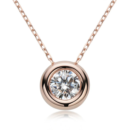 6.5mm Round Bezel Moissanite Bubble Pendant Necklace – Gold or White Gold Plated