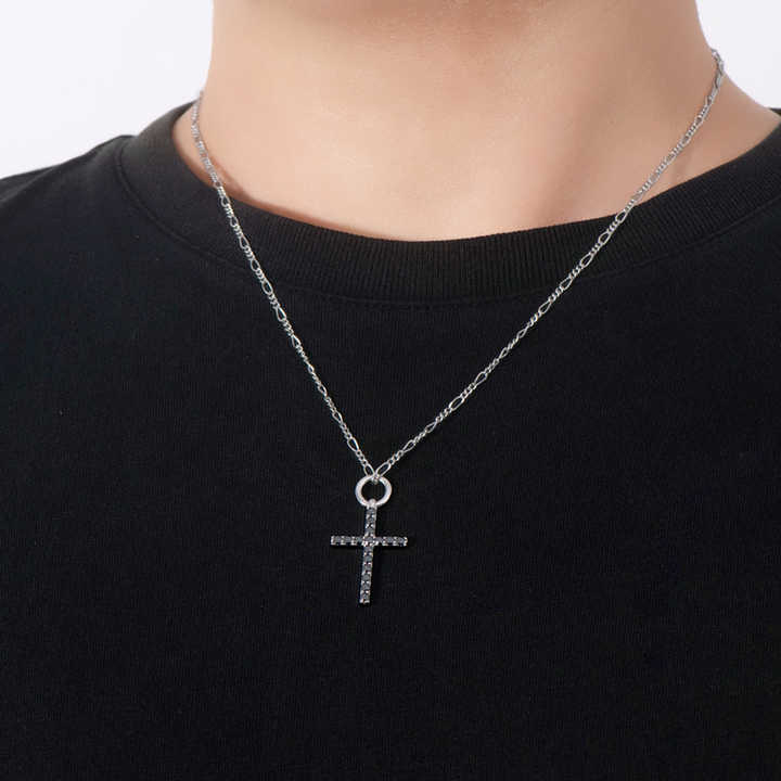 Black Moissanite Cross Pendant Necklace with 2.5mm Round Brilliant